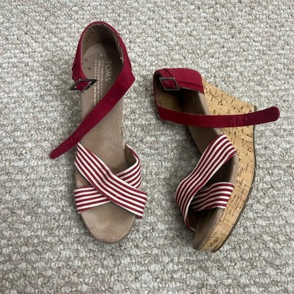 Toms Shoes - Toms Sienna Red & White Striped Cork Wedge Sandal size 8W